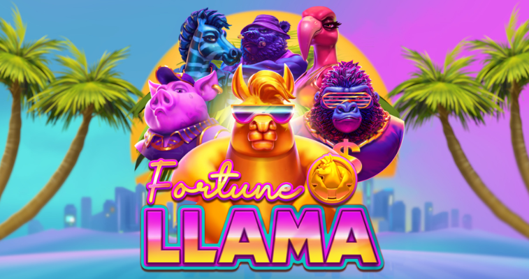 Fortune Llama Fantasma slot with its logo and characters in a tropical background - Flush