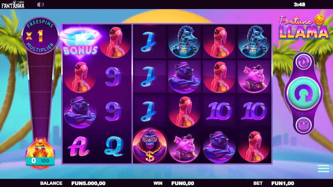 Fortune Llama Fantasma slot with various high and low paying symbols across its base game reels - Flush