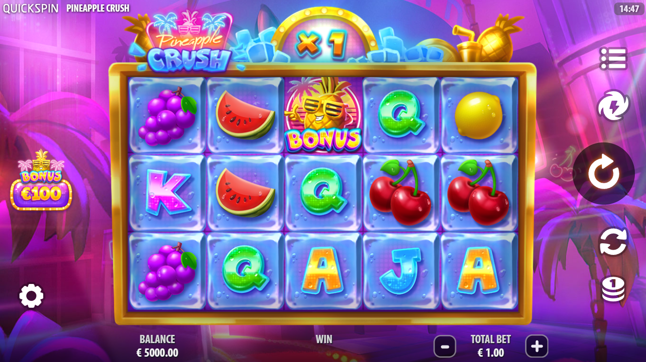 Pineapple Crush slot by Quickspin base game with symbols on the reels - Flush