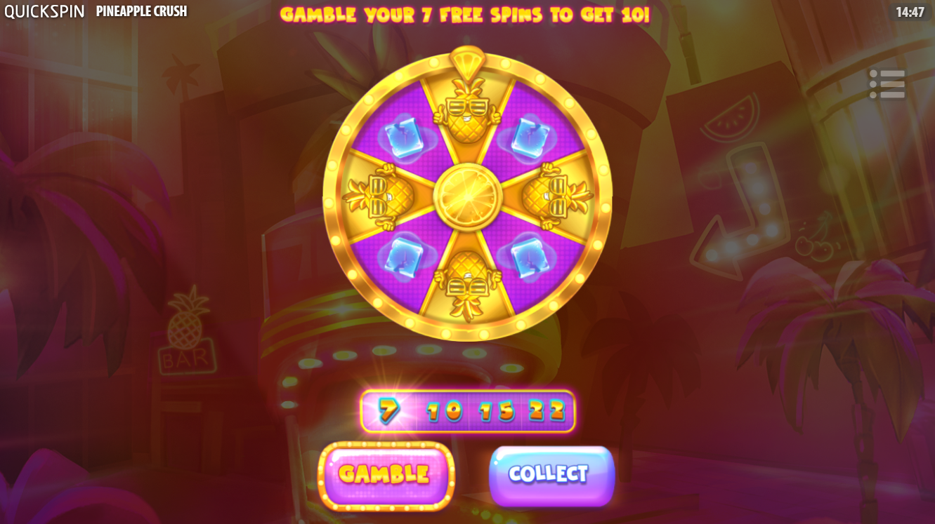 Pineapple Crush slot by Quickspin showing the gamble feature for free spins - Flush