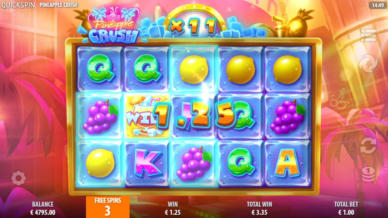 Pineapple Crush slot by Quickspin showing the free spins bonus round - Flush