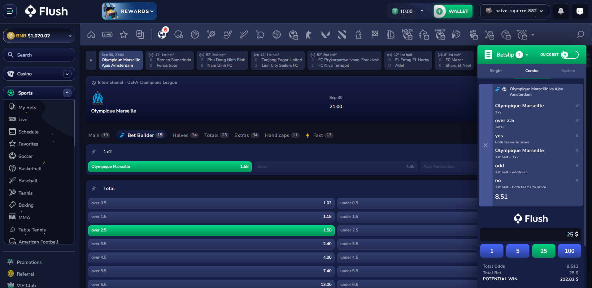 A multi-bet parlay created using the Bet Builder feature on the Flush Sportsbook for a single match