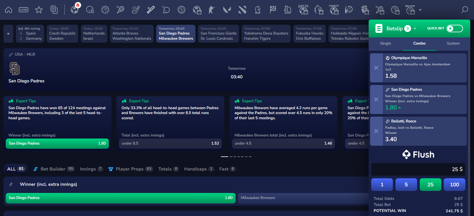 A view of the Flush Sportsbook showing Expert Tips for a Padres vs. Brewers match, with a parlay on the bet slip