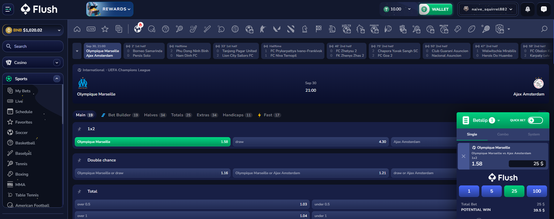 A single moneyline bet on the Olympique Marseille vs. Ajax Amsterdam match at Flush Sportsbook.