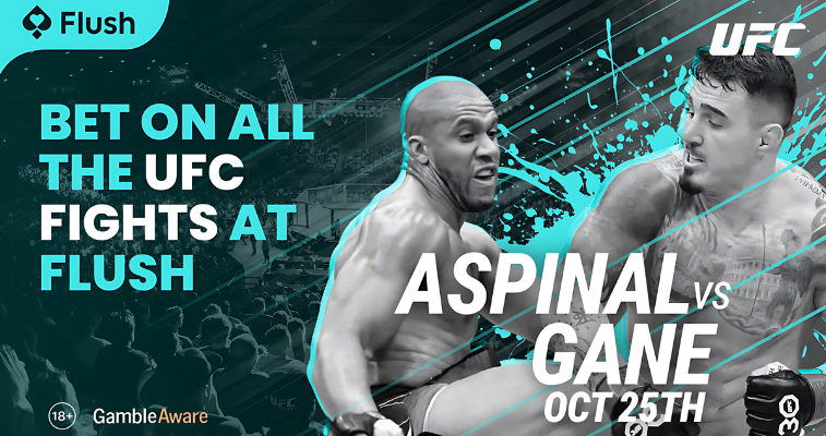 A promotional banner for UFC fights at Flush Sportsbook. Bet on all MMA events and fighter matchups at Flush.