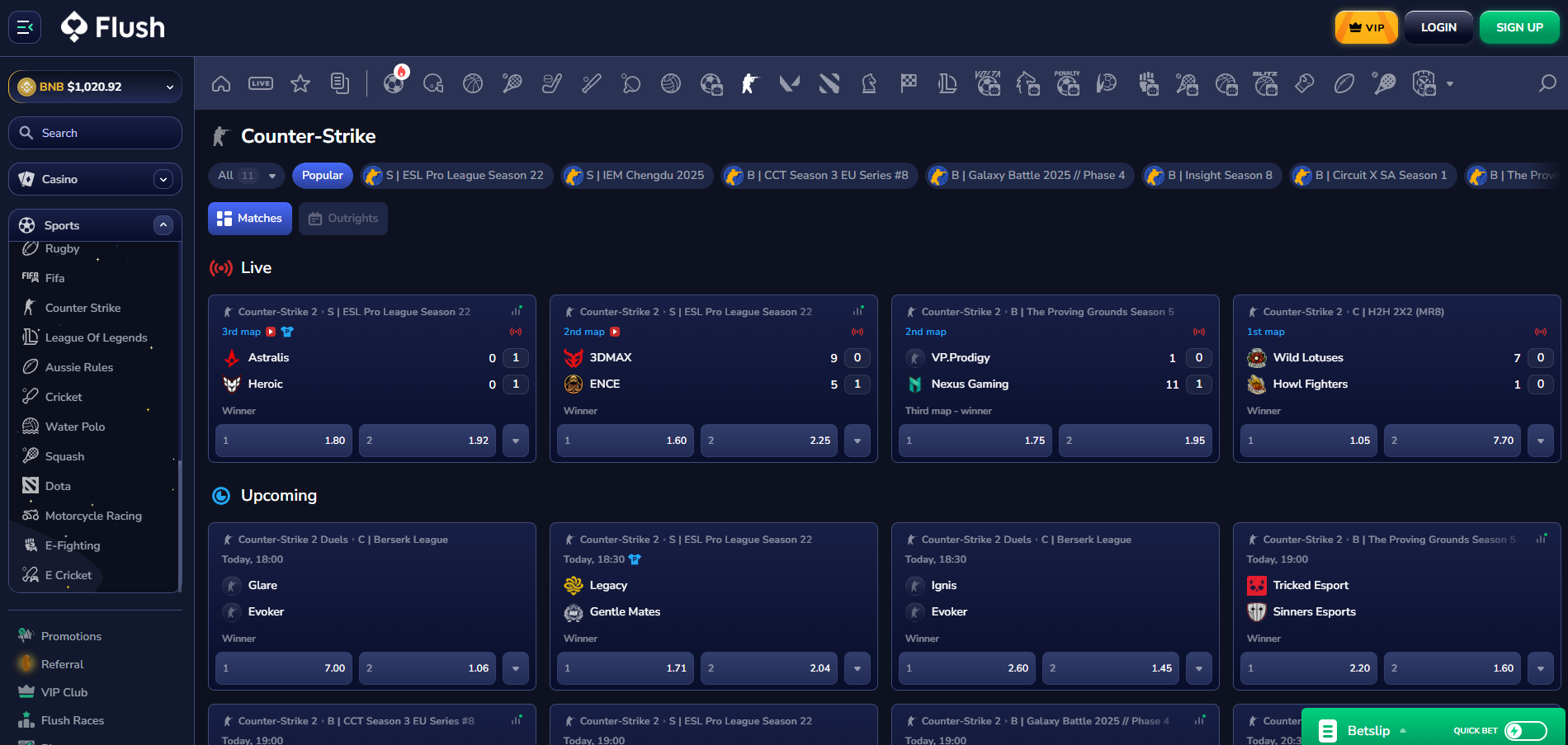 View of Flush's Sportsbook with Betting markets for Counter Strike 2, Live and Upcoming games