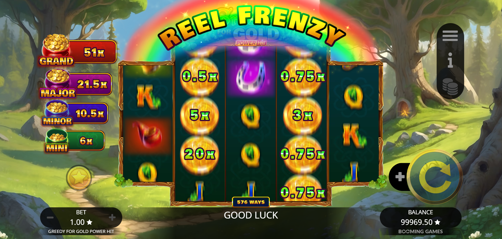 Greedy for Gold Power Hit online slot featuring the Reel Frenzy grid supercharge by Booming Games - Flush Bitcoin Casino