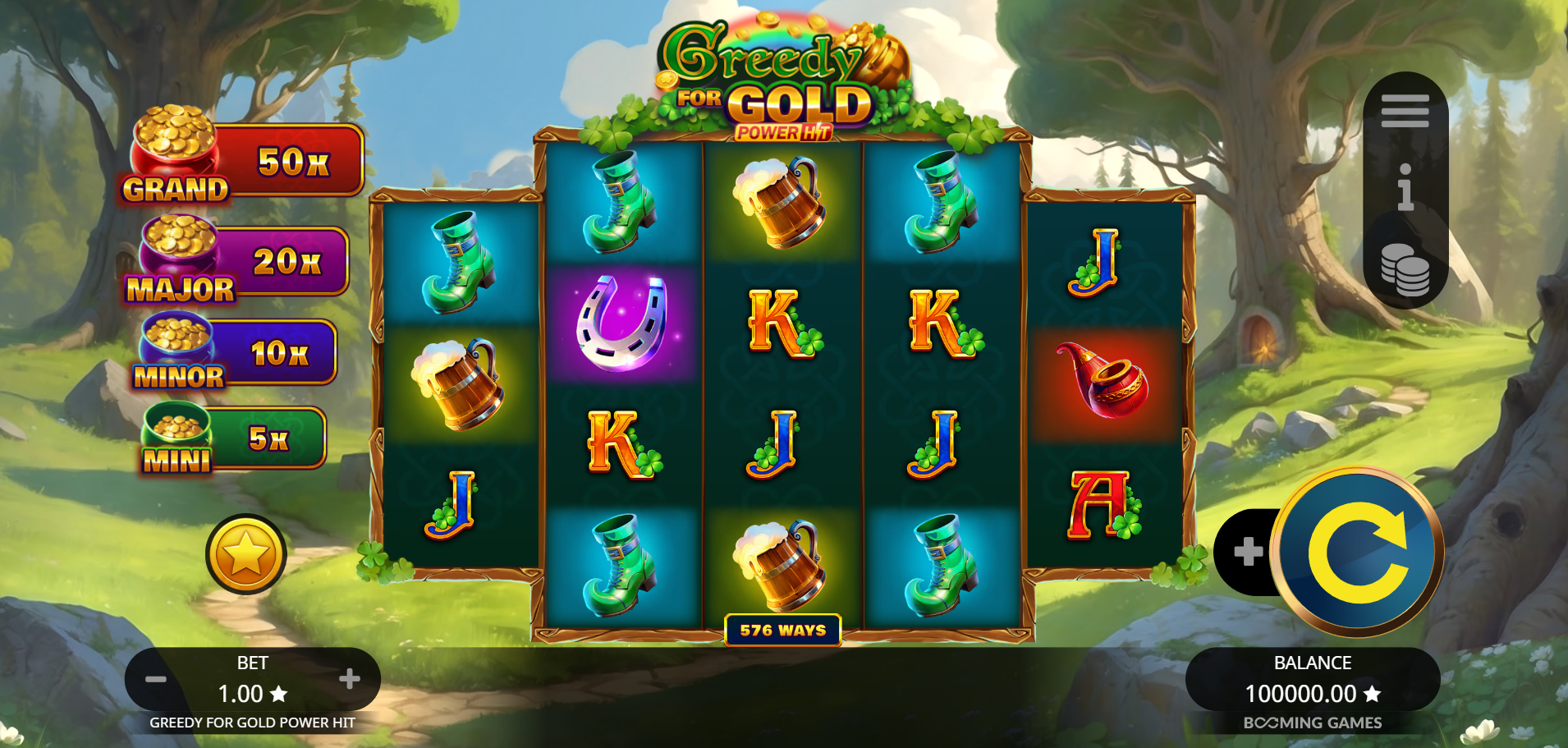 Greedy for Gold Power Hit online slot base game view with pay symbols across the reels by Booming Games - Flush Casino