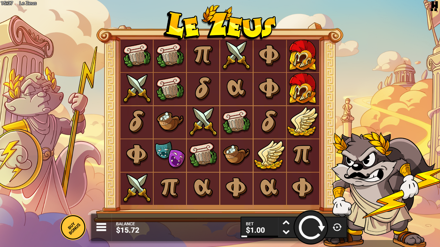 Le Zeus slot by Hacksaw Gaming – base game with high and low paying symbols - Flush
