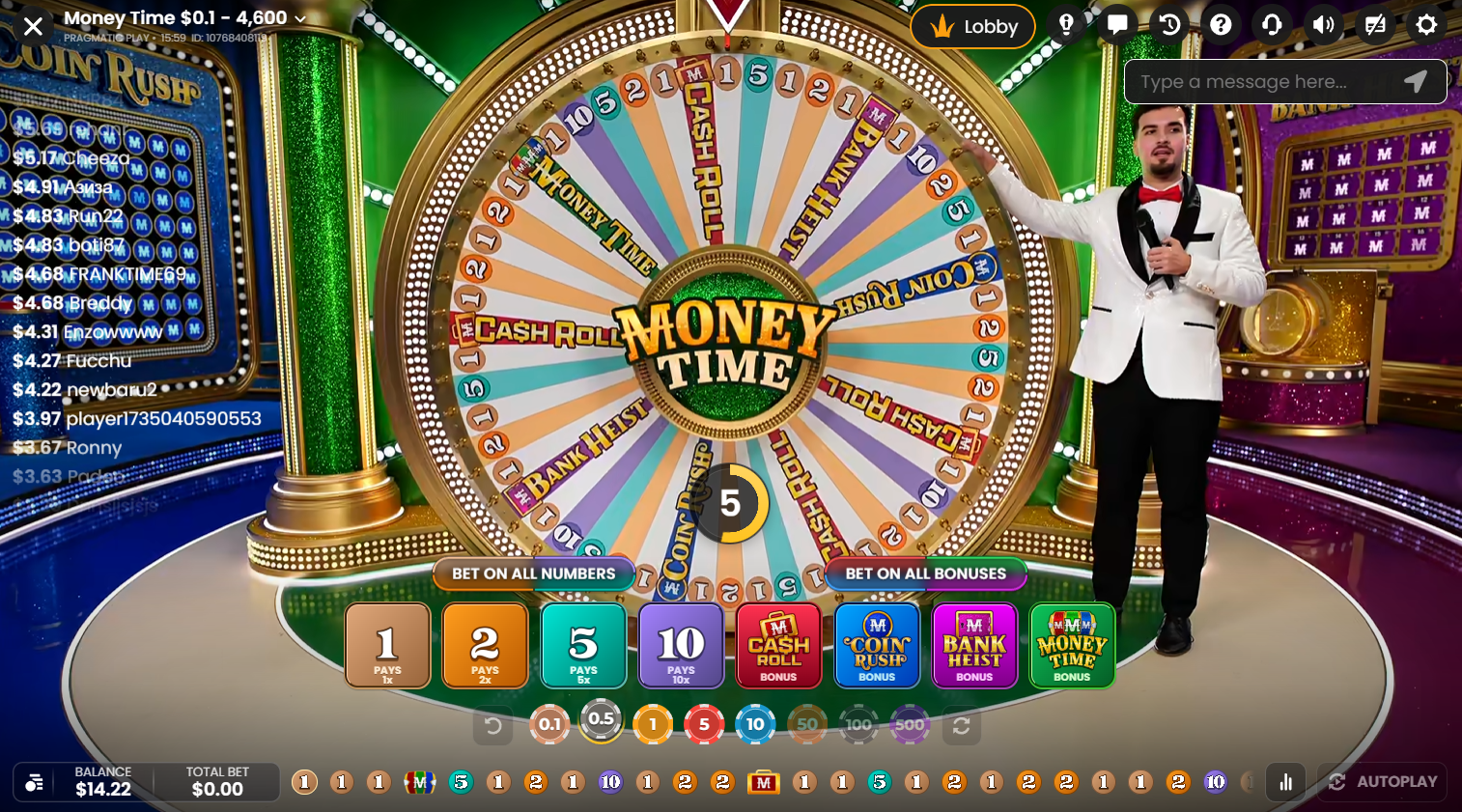 Money Time by Pragmatic Play Live showing money wheel and betting options during live play – Flush