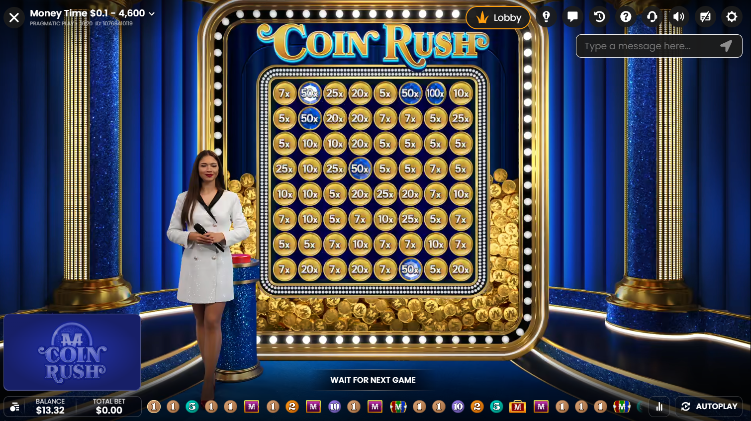 Coin Rush Bonus in Money Time by Pragmatic Play Live showing 8x8 grid of coins with multipliers – Flush