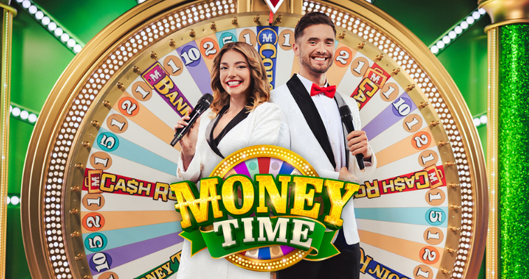 Promotional image of Money Time by Pragmatic Play Live with game hosts and logo – Flush