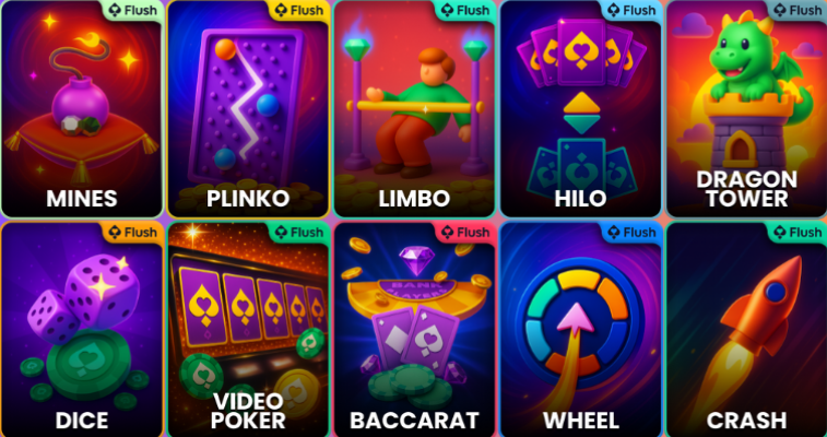 Flush Originals Collage of Crypto Gambling thumbnails including Mines, Plinko and Crash - Flush Casino