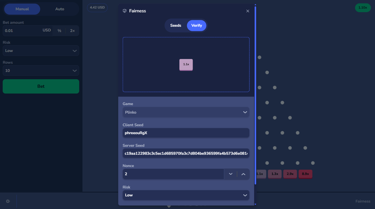 Crypto Plinko Ball Gambling, Provably Fair Seeds Verification - Flush Originals
