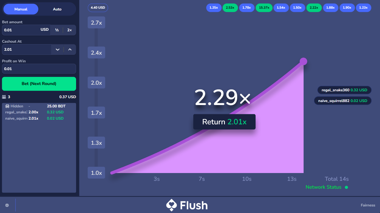 Cryto Crash Gambling, multiplier climbing with sevral bets placed - Flush Originals