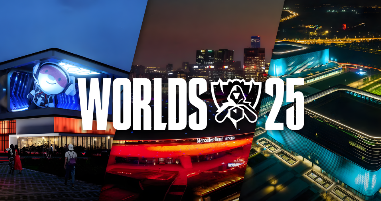 League of Legends Worlds 2025 arena background and logo - Flush Crypto Casino & Sportsbook