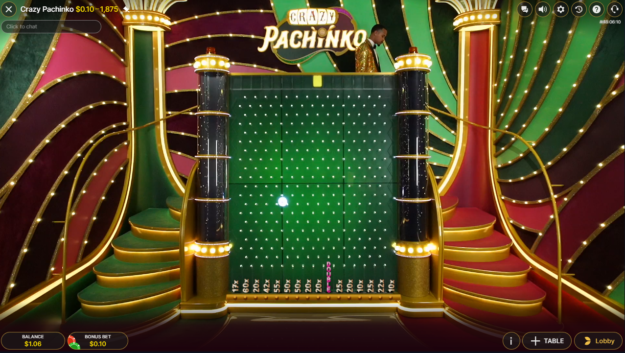 Crazy Pachinko Bonus Round Phase, puck dropping down the pachinko board - Flush Live Casino