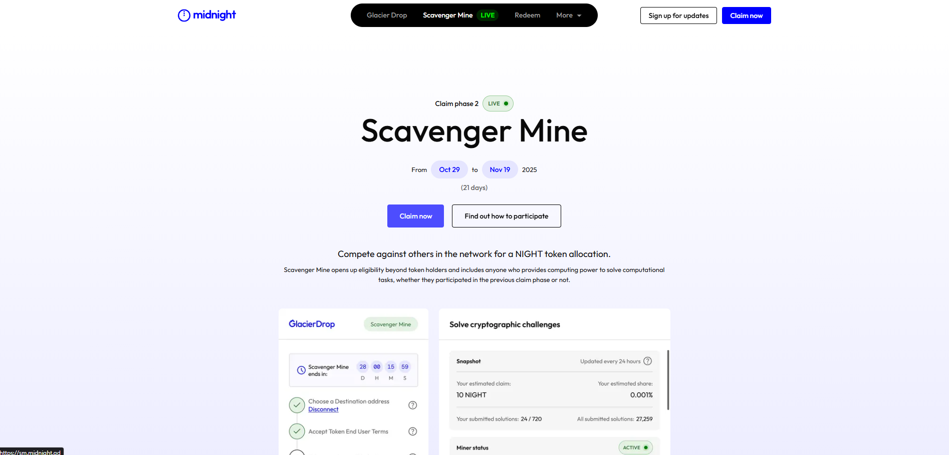 Midnight Network Night Airdrop, Scavenge Mine page - Flush Casino & Sportsbook