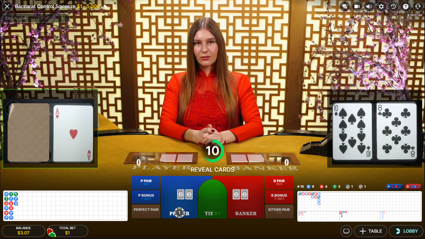 Baccarat Control Squeeze live casino game with dealer and cards dealt- Evolution - Flush Casino & Sportsbook