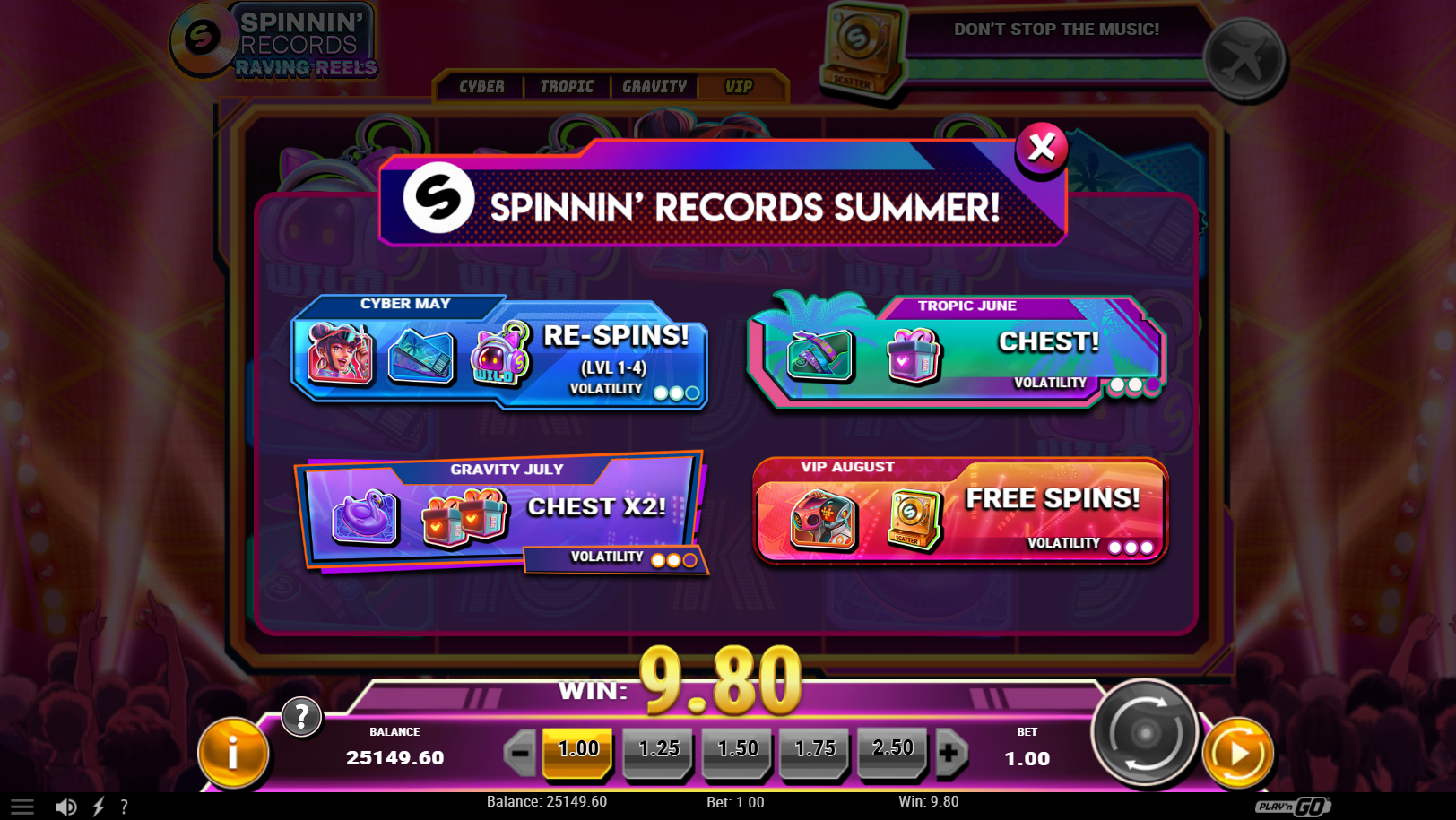 Spinnin' Records Raving Reels Level progression menu - Play'n go - Flush Casino & Sportsbook