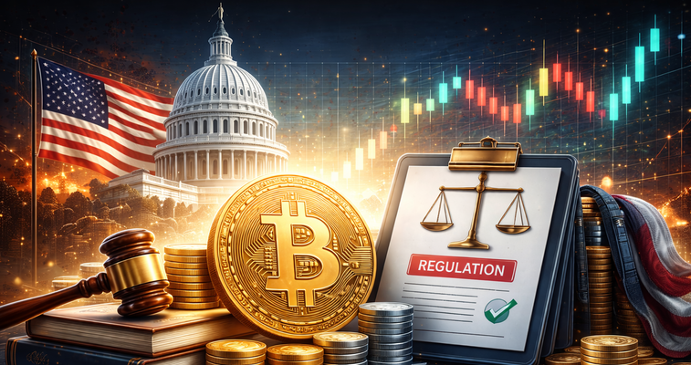 Bitcoin and regulatory symbols illustrating US crypto policy uncertainty and DOJ market actions.