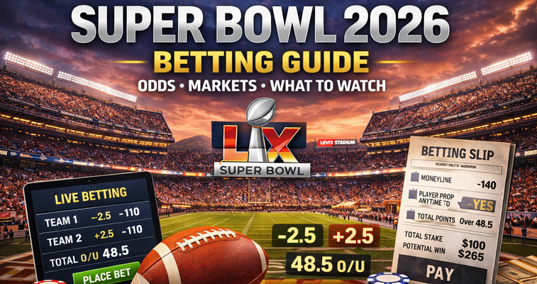 Super Bowl 2026 betting concept featuring NFL stadium atmosphere and digital odds graphics.