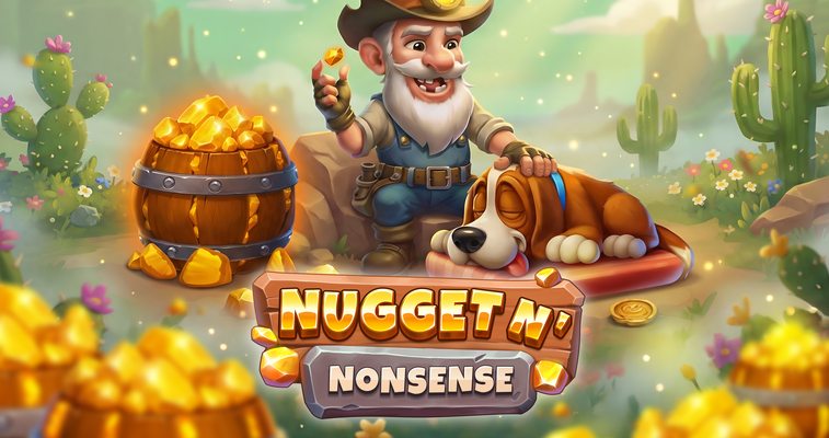 Nugget N Nonsense slot by Play'n GO with prospector, dog, and gold barrel in a sun-baked canyon at Flush