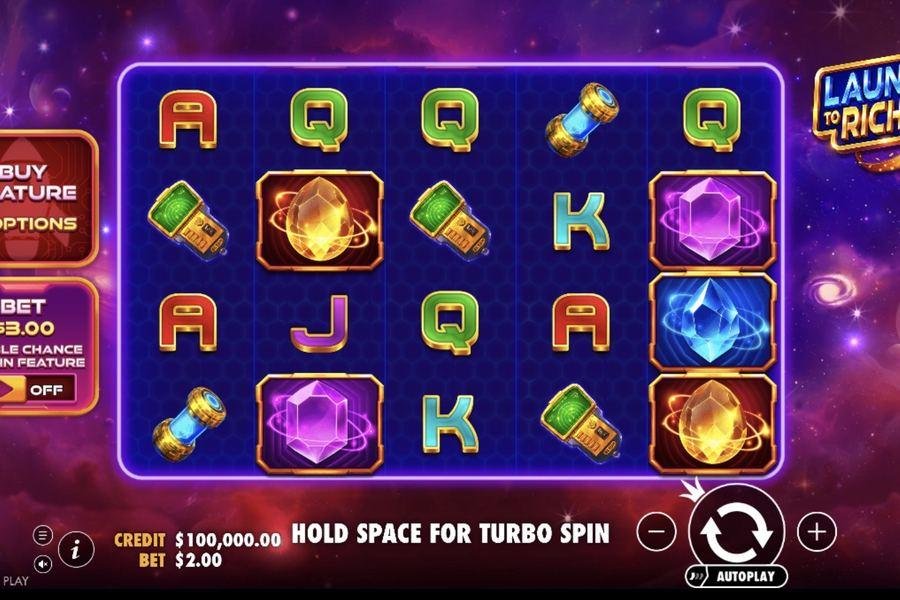 Launch to Riches base game 5x4 grid with 1024-ways paylines and Bonus Buy button accessible at Flush