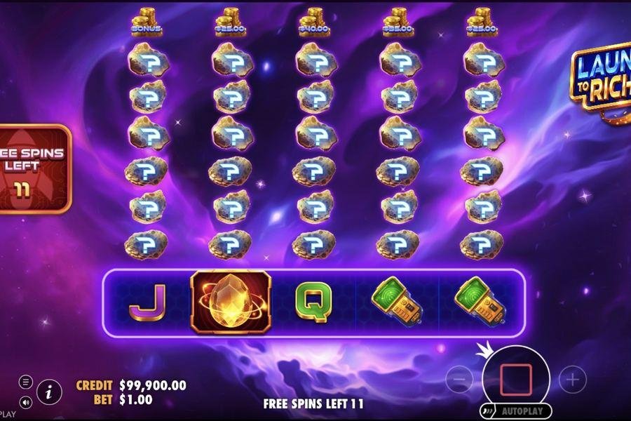 Launch to Riches Free Spins asteroid pick bonus mechanic with rockets revealing cash prizes during the bonus round