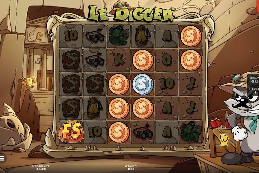 Le Digger Free Spins bonus round with scatter triggers and multiplier overlays during the feature
