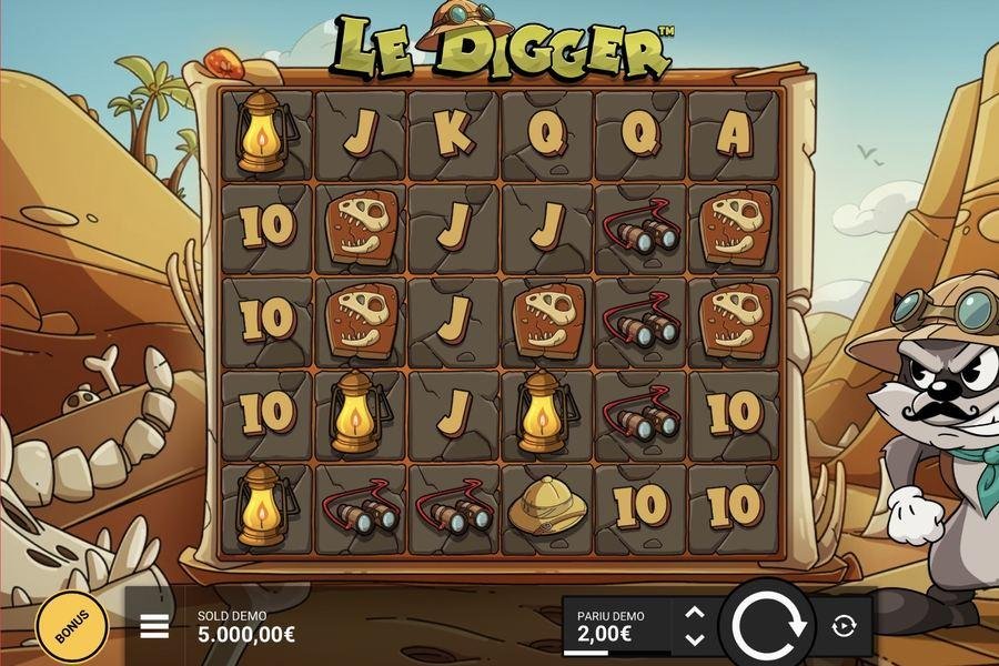 Le Digger base game 6x5 cluster pays grid with symbols stacked on the reels at Flush