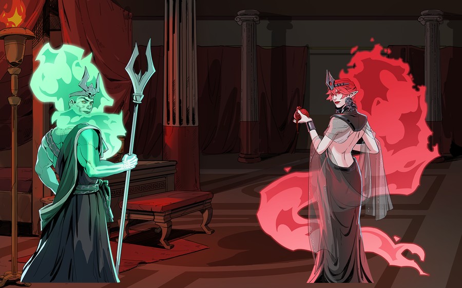 Dynasty of Death bonus mode environment with Hades and Perse character duelists positioned against the red interior palette used during the Hidden Epic Bonus tier