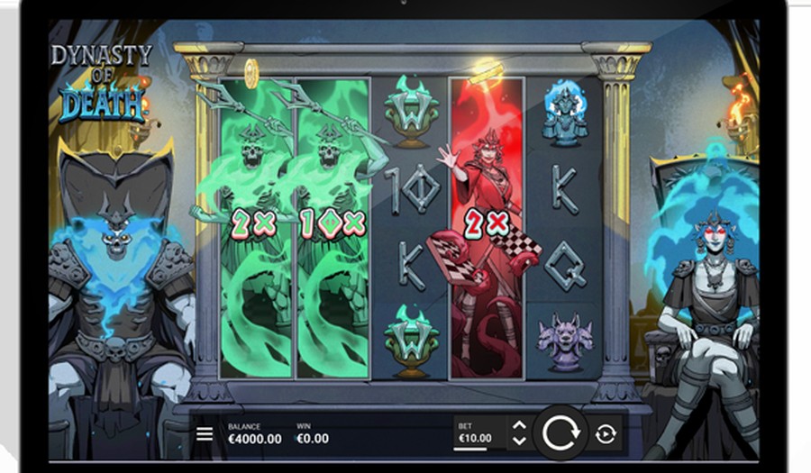 Dynasty of Death gameplay screen showing the 5x4 grid with two active DuelReels in the bonus round and multiplier values visible at the top of the wild reels