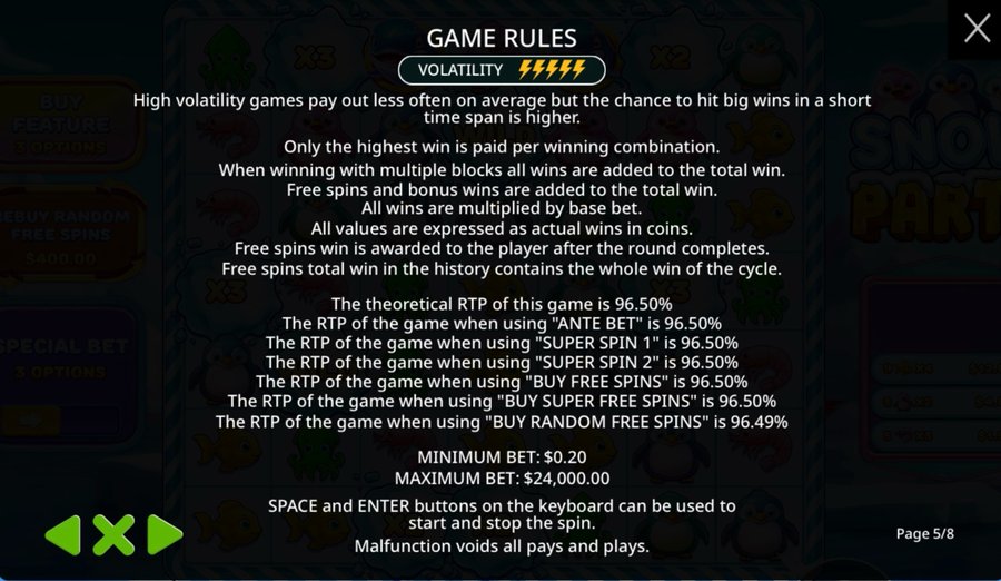 Snow Party in-game info panel confirming 96.5% RTP and cluster pays mechanic at Flush