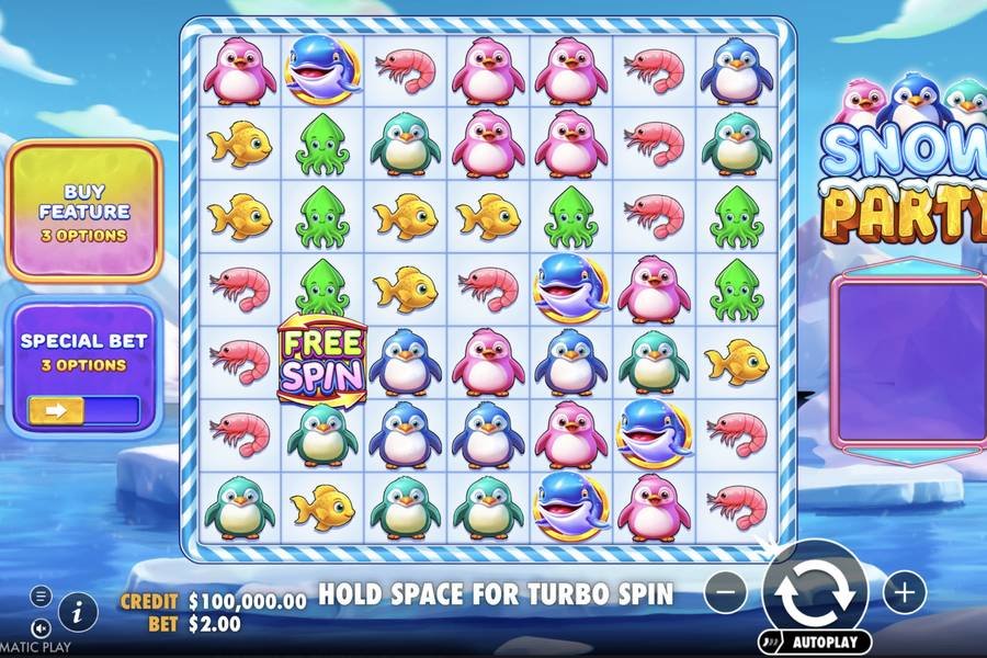 Snow Party base game 7x7 grid with arctic animal symbols, Buy Feature panel and Special Bet options visible at Flush
