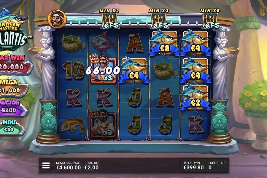 Marlin Masters Atlantis free spins with Fisherman Wild x3 multiplier, Cash Prize Marlin symbols and MIN X2 X3 X5 multiplier targets