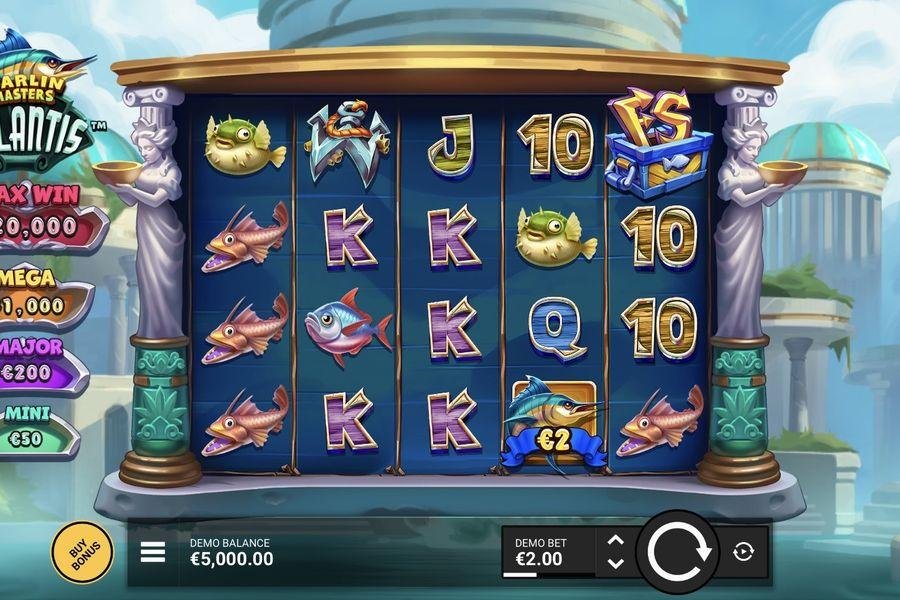 Marlin Masters Atlantis base game 5x4 grid with Jackpot tiers panel and Marlin Cash Prize symbols visible at Flush
