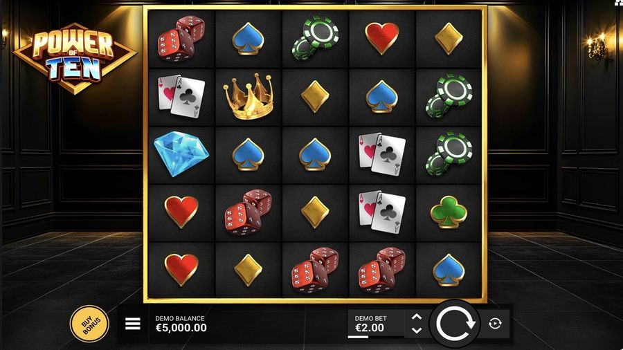 Power of Ten Hacksaw Gaming official artwork featuring the luxury casino setting with black and gold aesthetic