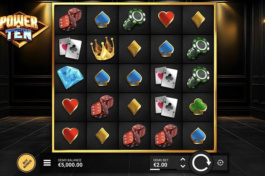 Power of Ten base game showing the 5x5 grid with casino symbols and the Power Wheel panel on the right side