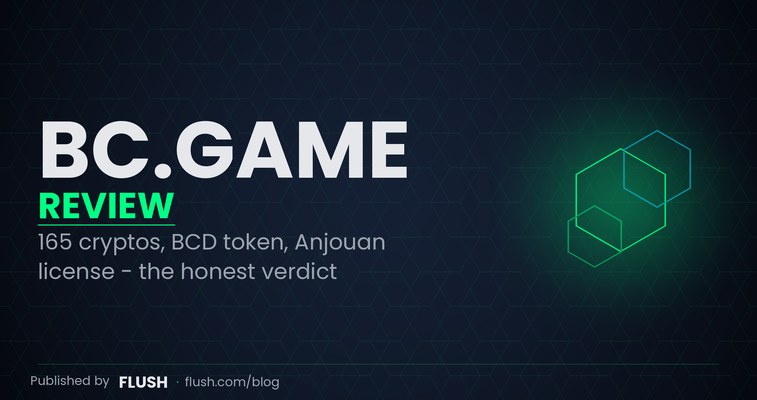 BC.Game review 2026 homepage with 165 cryptocurrency wallet, BCD token panel and 3.5 out of 5 Flush rating overlay