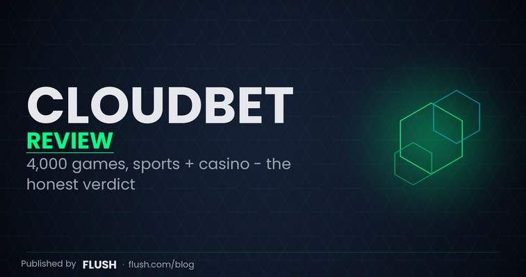 Cloudbet casino review 2026 homepage showing zero-wagering welcome bonus banner and 4.2 out of 5 Flush rating overlay