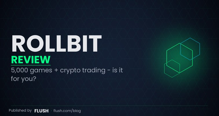 Rollbit casino review 2026 homepage with instant-withdrawal banner, sportsbook tab and 2.8 out of 5 Flush rating overlay