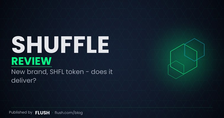 Shuffle casino review 2026 dashboard showing SHFL token panel, sportsbook tab and 3.6 out of 5 Flush rating overlay