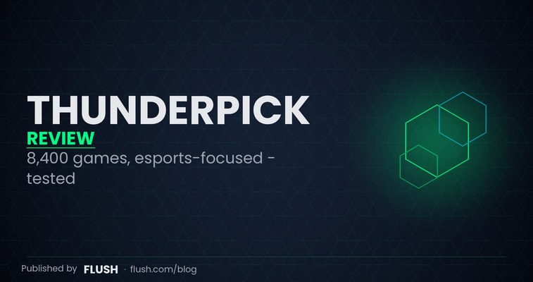 Thunderpick review 2026 homepage with esports betting markets, casino tab and 2.7 out of 5 Flush rating overlay