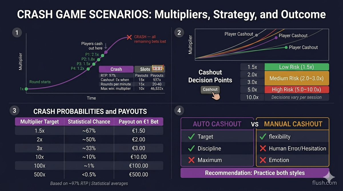crash game scenarios multipliers strategy outcome probabilities payouts auto cashout flush