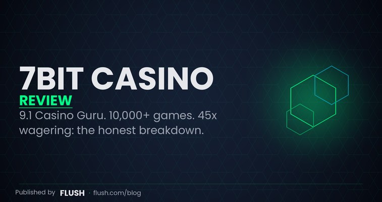 7Bit Casino review 2026 homepage with 5.25 BTC welcome offer and 9.1 Casino Guru safety rating overlay