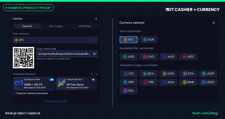 7Bit Casino cashier deposit panel with 100% plus 100 free spins welcome bonus and currency selector showing 11 cryptocurrencies and 4 fiat options 2026