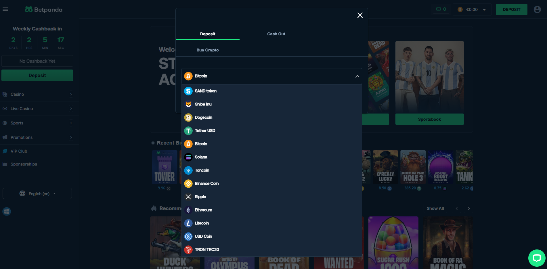 BetPanda cashier deposit screen showing supported cryptocurrencies 2026