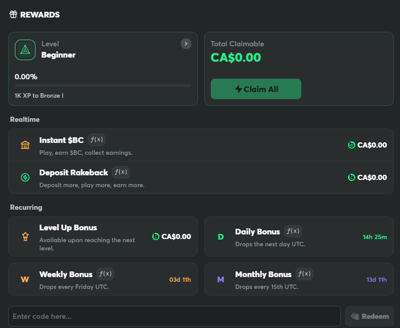 BC.Game rewards dashboard Instant BC rakeback Level Up Daily Weekly Monthly bonuses 2026