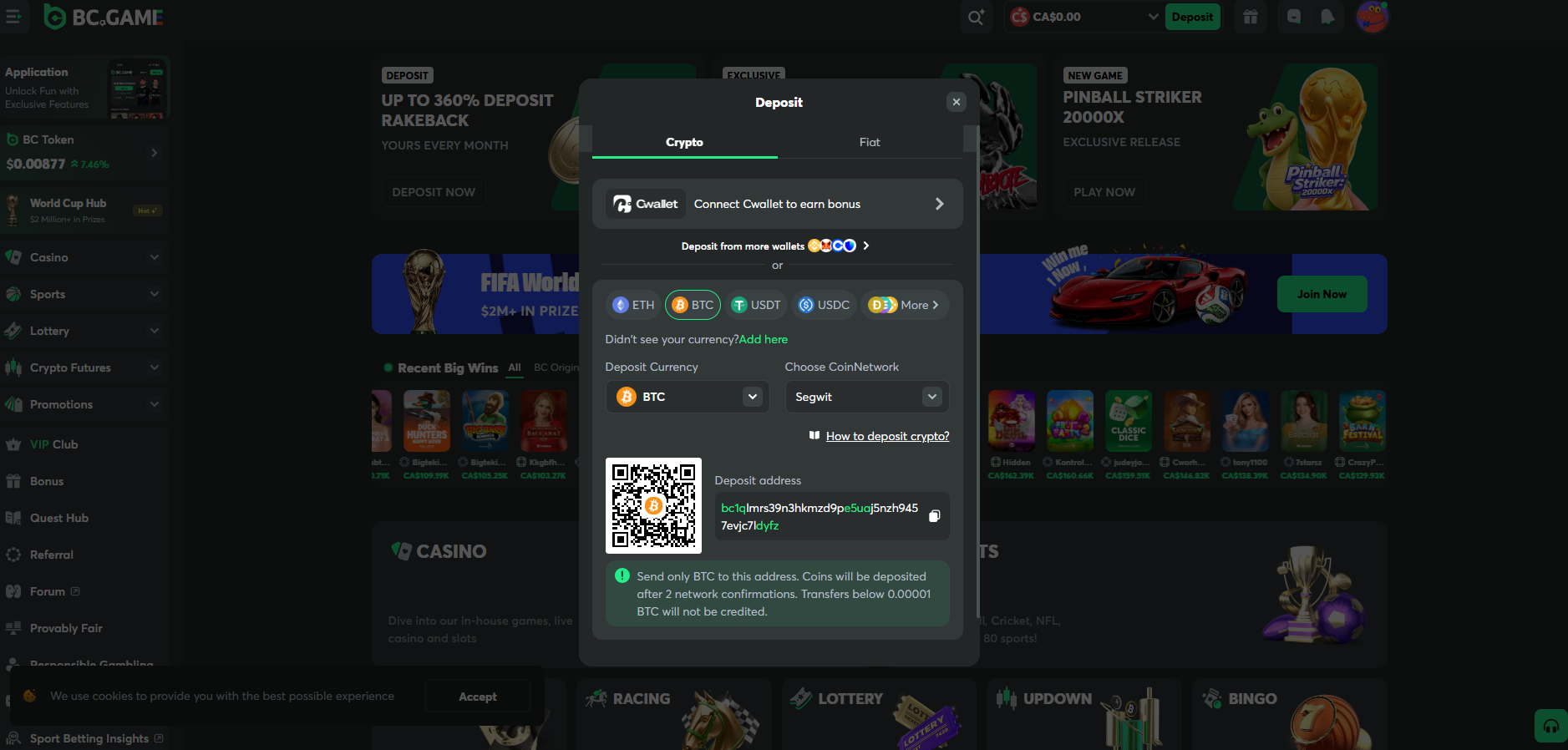 BC.Game deposit screen 165 cryptocurrencies 30 plus networks 2026